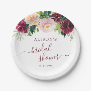 Plato De Papel Borgoña Rubor Watercolor Floral Bridal Shower