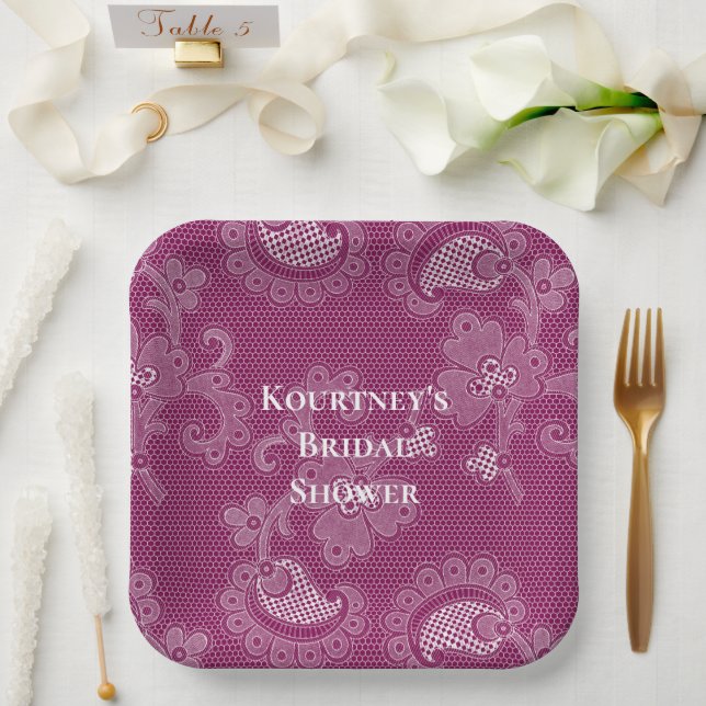 Plato De Papel Borgoña Wine White Lace Floral Bridal Shower (Boda)