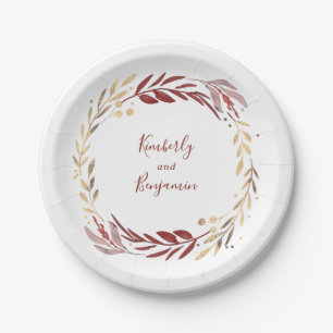 Plato De Papel Borgoña y Boda Jardín Elegante de Oro