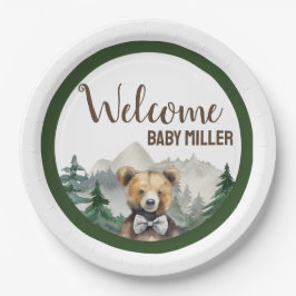 Plato De Papel Bosque acuarela personalizado, Oso Teddy, Baby Sho