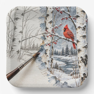 Plato De Papel Bosque de abedules de Navidad y pintura de cardena