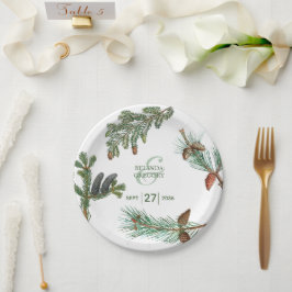 Plato De Papel Bosque de árboles de pino rústicos boda verde