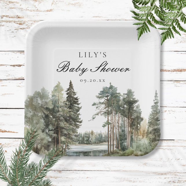 Plato De Papel Bosque de bosques de selva acuático ruso Baby Show (Rustic Watercolor Lake Forest Woodland Baby Shower Paper Plates)