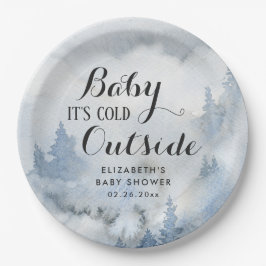 Plato De Papel Bosque de invierno azul y turbio: hace frío afuer