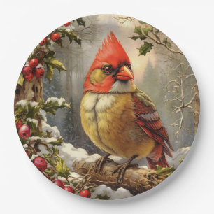 Plato De Papel Bosque de navidades con Berry Holly, Ave, Invierno