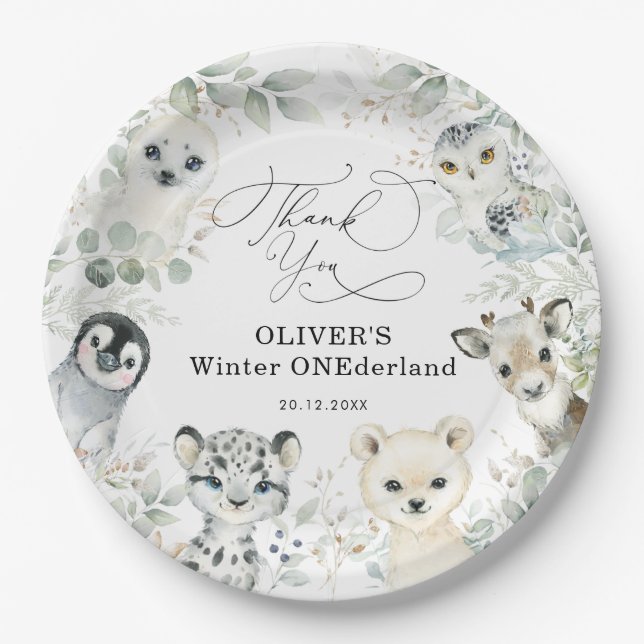 Plato De Papel Bosque de nieve de los animales del Ártico de ONEd (Anverso)