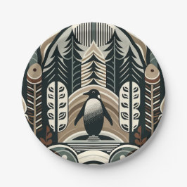 Plato De Papel Bosque De Pingüino De Marfil De Mocha Con Árboles 