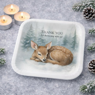 Plato De Papel Bosque Duerme Ciervo Bebé Invierno Baby Shower