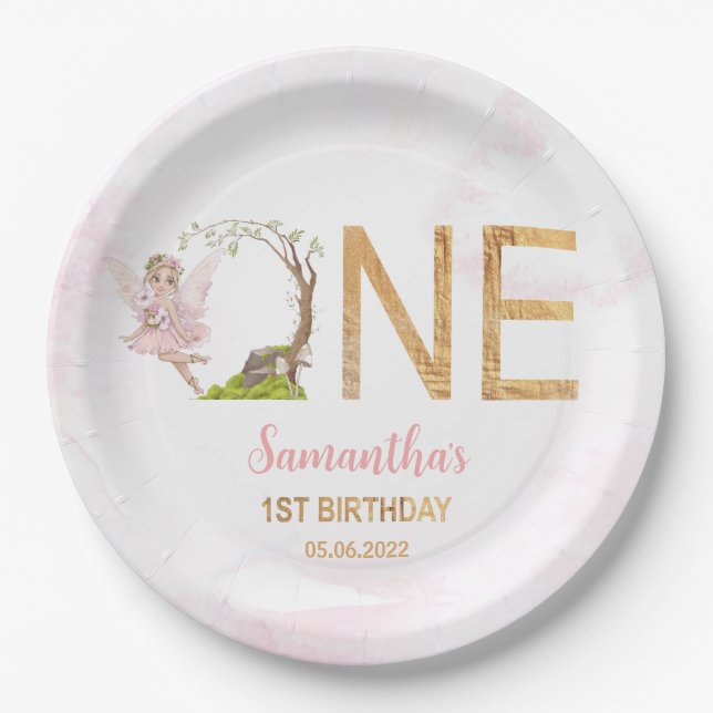 Plato De Papel Bosque floral de hadas rosadas primer cumpleaños (Anverso)
