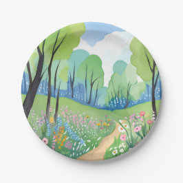 Plato De Papel Bosque Floral | Flores Silvestres Acuarela Natural