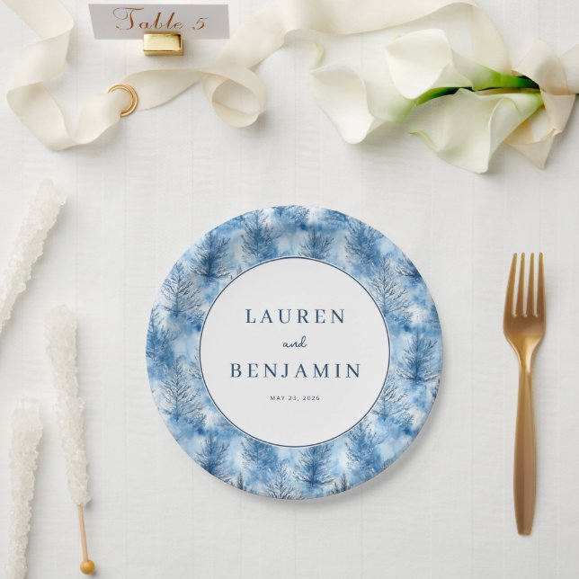 Plato De Papel Bosque Invernal Azul Tranquilo (Boda)