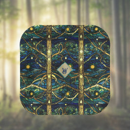 Plato De Papel Bosque marino Verde azulado y dorado con monograma