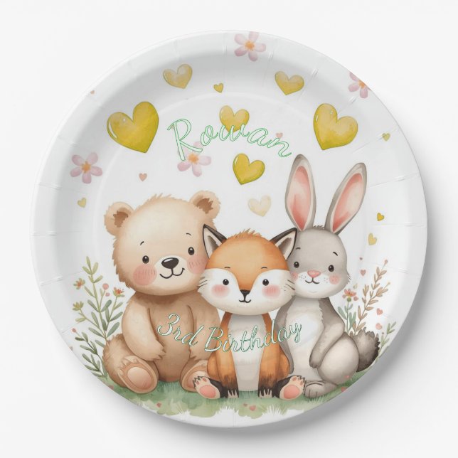 Plato De Papel Bosque Neutral Cumpleaños Corazones Amarillos (Anverso)