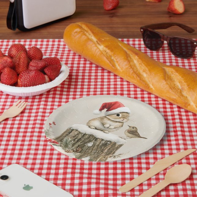 Plato De Papel Bosque nevado de invierno con conejo y pájaro de N (Picnic)