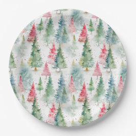 Plato De Papel Bosque, Pinos Verdes Rojo Fiesta