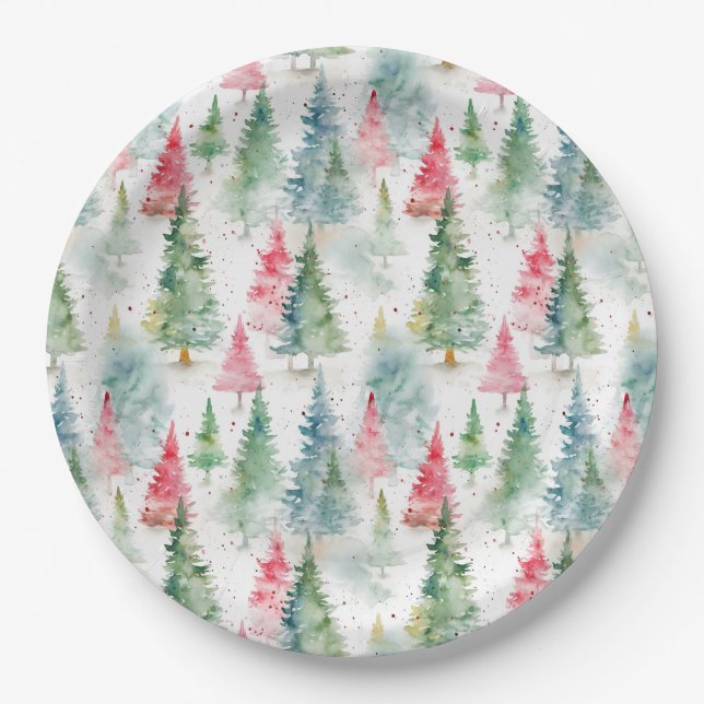 Plato De Papel Bosque, Rojo Verde Árboles de Pino Fiesta (Anverso)
