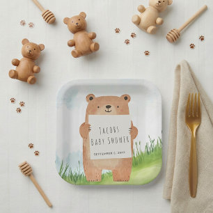 Plato De Papel Bosque rústico de Cute Bear Baby Shower