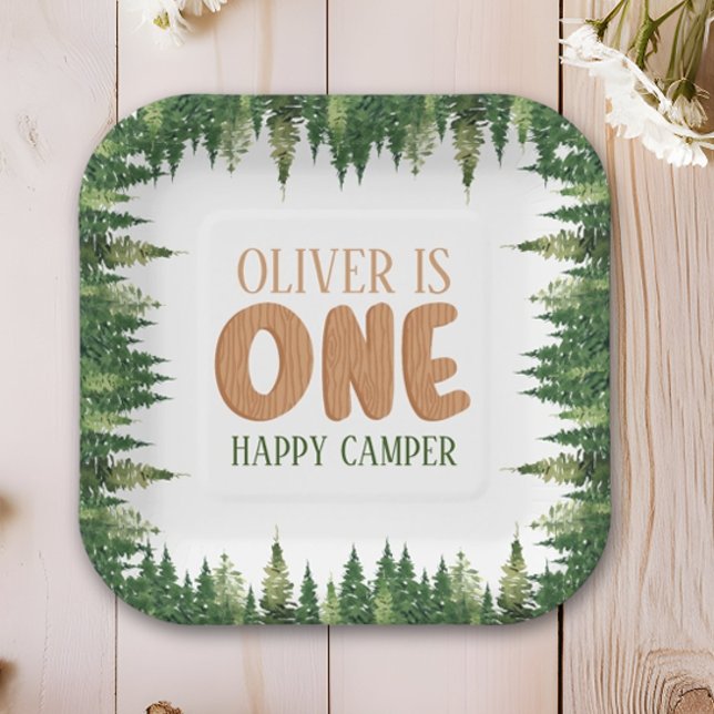 Plato De Papel Bosque verde de primer cumpleaños del Camper Feliz (Subido por el creador)