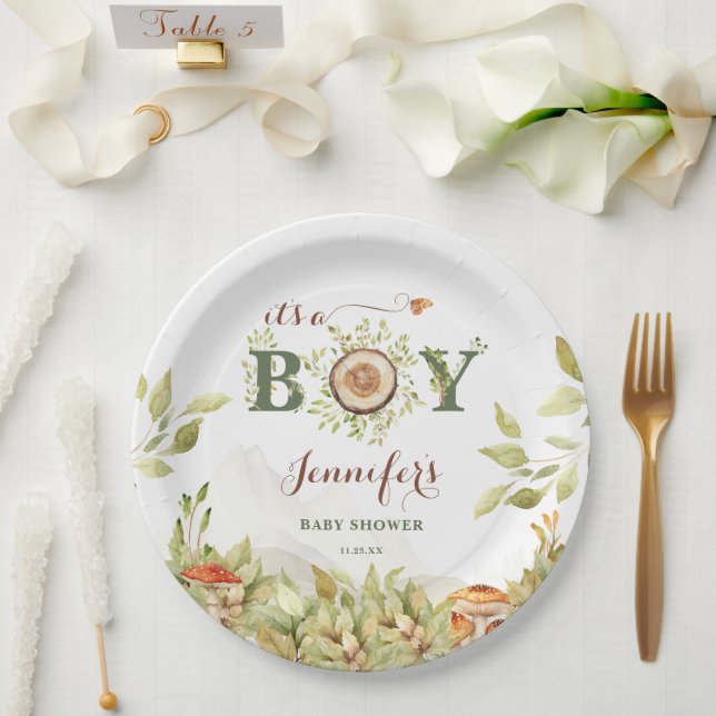 Plato De Papel Bosque Woodland Baby Shower Mushrooms Greenery (Boda)