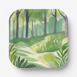 Plato De Papel Bosques Caprichosos | Paisaje de Acuarela del Bosq
