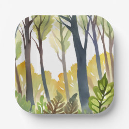 Plato De Papel Bosques de Acuarela | Pintura de Bosque de Natural