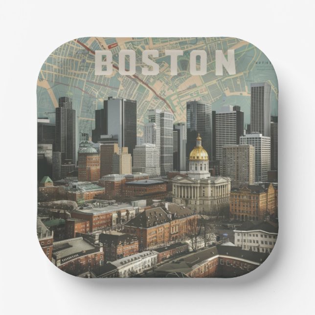 Plato De Papel Boston, Boston Massachusetts City Skyline con mapa (Anverso)