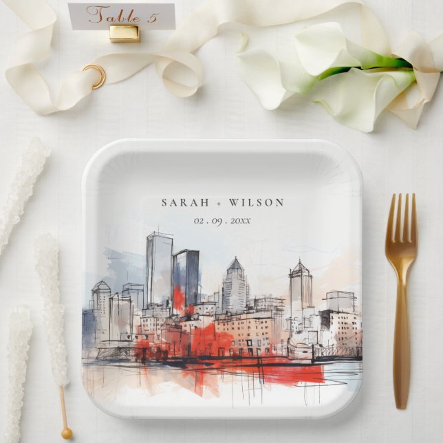 Plato De Papel Boston Massachusetts City Scape Watercolor Boda (Boda)