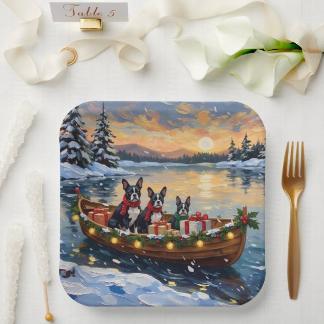 Plato De Papel Boston Terrier Christmas Boat Holiday (Boda)