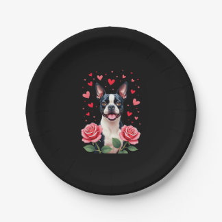 Plato De Papel Boston Terrier con Corazones de Rosas Rojas Camise