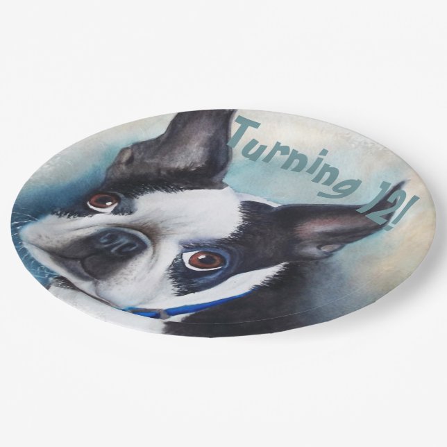 Plato De Papel Boston Terrier cumple 12 años FIESTA (Angular)