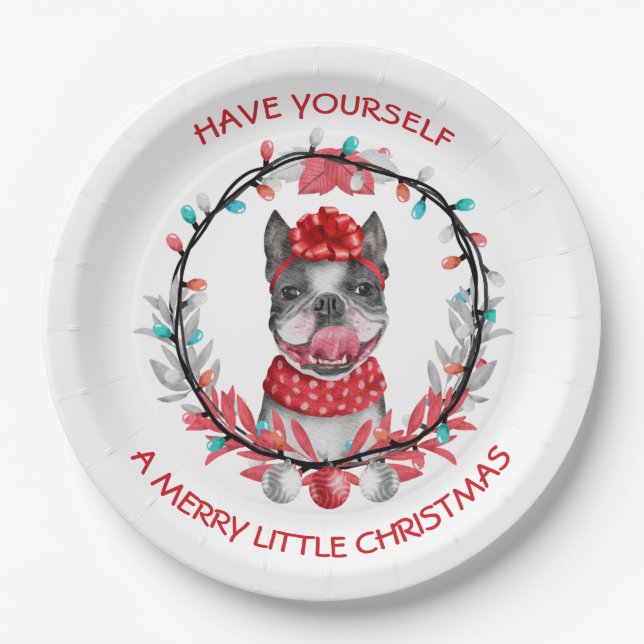 Plato De Papel Boston Terrier Merry Christmas (Anverso)