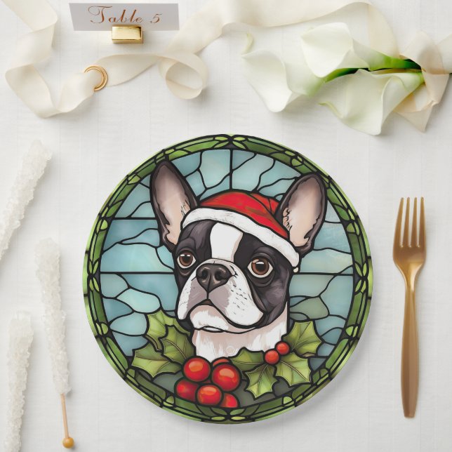 Plato De Papel Boston Terrier Vidrio Pintado de Navidad (Boda)