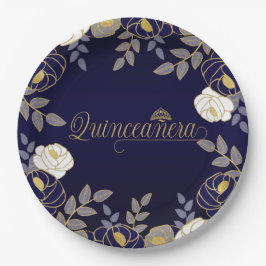 Plato De Papel Botánica de Quinceanera y Tiara en azul y oro