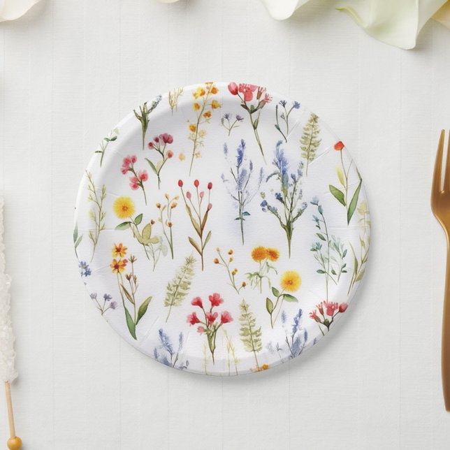 Plato De Papel Botánico Acuarela Flor Silvestre Linda (Cute Wildflower Watercolor Botanical Paper Plates)