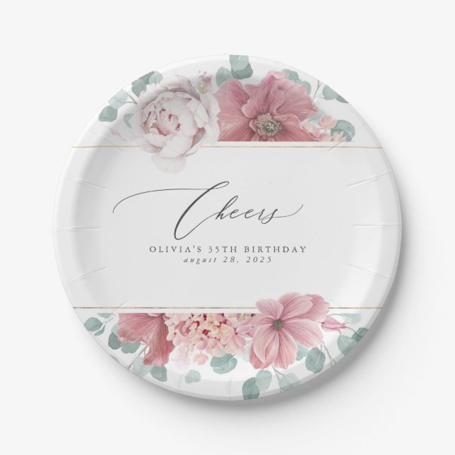 Plato de papel botánico elegante rosa polvoriento (Anverso)