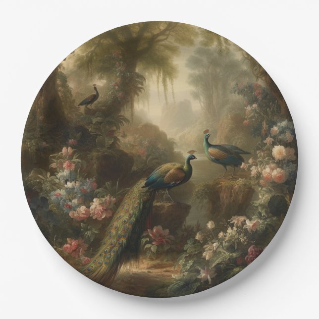 Plato De Papel Botánico: tres pavos reales en jardín inglés (Anverso)