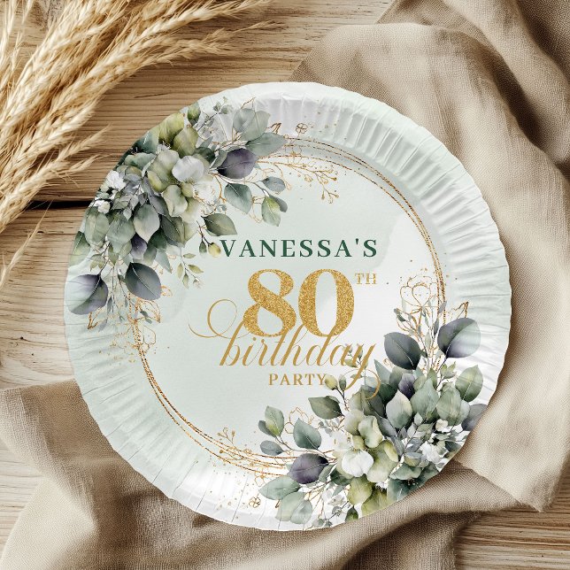 Plato De Papel Botánico Verde Oro Eucalipto 80 Cumpleaños  (Botanical Green Gold Eucalyptus 80th Birthday Plates)