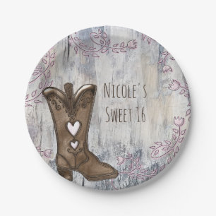 Plato De Papel Botas de vaquera rosadas rústicas lindas para fies