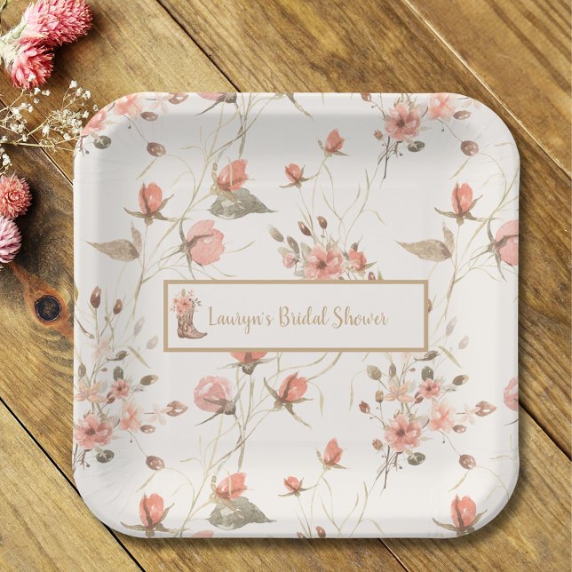Plato De Papel Botas de vaquero acuarela floral para despedida de (Watercolor Floral Cowboy Boots Bridal Shower Paper Plate)