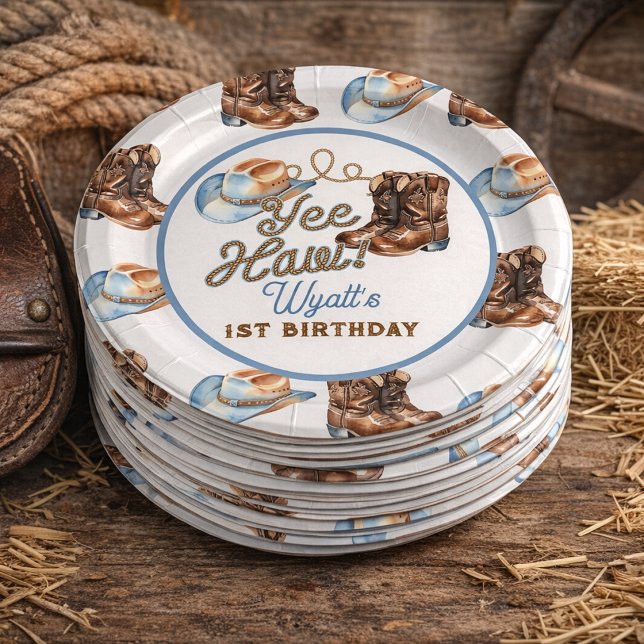 Plato De Papel Botas de Vaquero Primer Rodeo de Cumpleaños (Cowboy Boots First Rodeo Birthday Paper Plates)