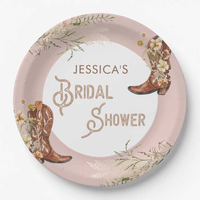 Plato De Papel Botas Florales Acuarela Country Bridal Shower (Anverso)