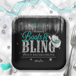 Plato De Papel Botas y Brillo Disco Despedida de Soltera Teal ID9