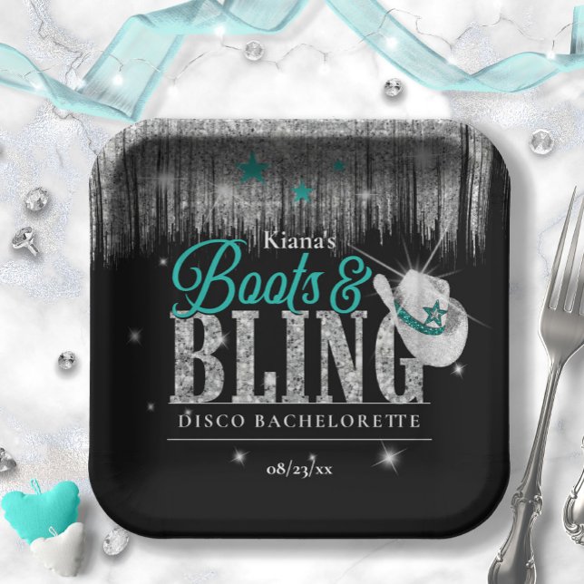 Plato De Papel Botas y Brillo Disco Despedida de Soltera Teal ID9 (Subido por el creador)