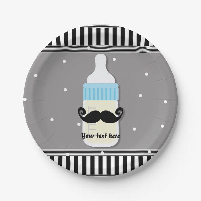 Plato De Papel Botella Baby Shower y Mustache Placas modernas (Anverso)