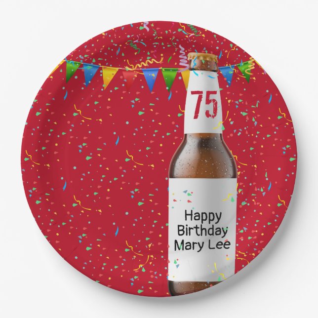 Plato De Papel Botella de cerveza de la fiesta de cumpleaños 75 (Anverso)