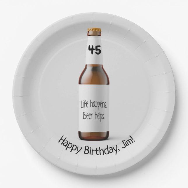 Plato De Papel Botella de cerveza marrón para 45 años (Anverso)