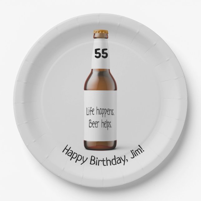 Plato De Papel Botella de cerveza marrón para 55 años (Anverso)