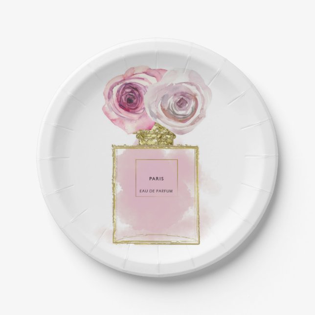 Plato De Papel Botella de perfume de moda floral rosas rosadas gl (Anverso)