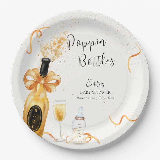 Plato De Papel Botellas Black Gold Poppin Champán Baby Shower (Anverso)
