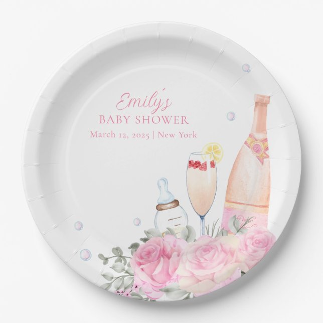 Plato De Papel Botellas de champán Rosa Poppin Baby Shower (Anverso)